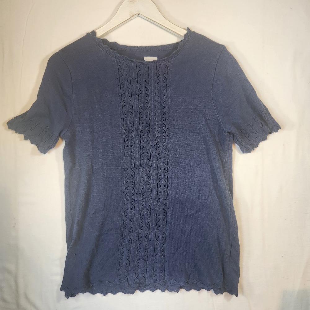 Navy Blue Pointelle Knit Short Sleeve Scalloped Hem Crew‎ Neck Sweater Top